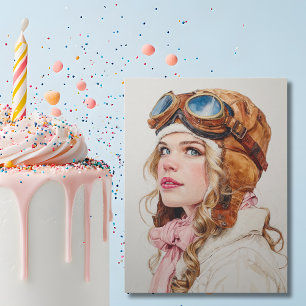 Cartão Postal Garota Piloto Aviadora Aquarela Diversão Aniversár