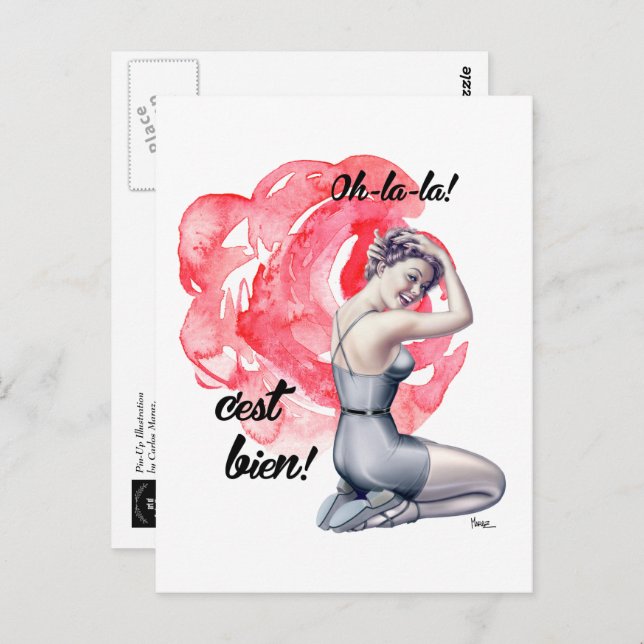 Cartão Postal Garota Pin-Up com Fundo Floral (Frente/Verso)