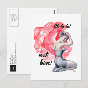Cartão Postal Garota Pin-Up com Fundo Floral