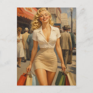 Cartão Postal Garota Pin-Up dos Anos 1950 Fazendo Compras na Cid