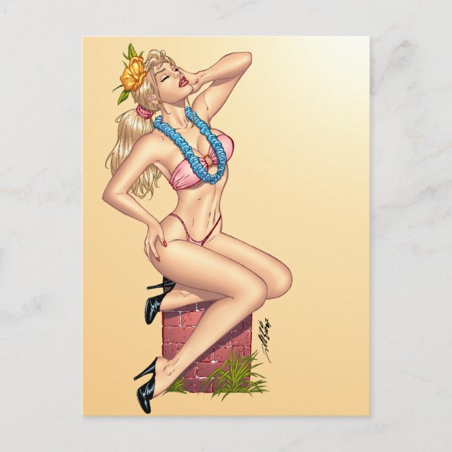 Cartão Postal Garota Pin-up Loira de Biquíni com Flores por Al R (Frente)