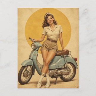 Cartão Postal Garota Pin-Up Vintage dos Anos 50 em Mobylete Azul