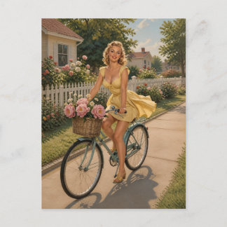 Cartão Postal Garota Pinup dos Anos 50 em Bicicleta
