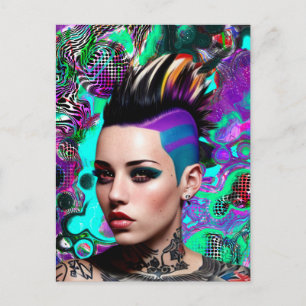 Cartão Postal Garota Punk Mohawk Arte Abstrata