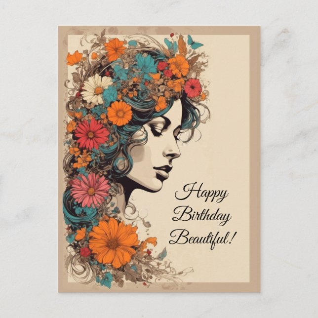 Cartão Postal Garota retrô com flores no cabelo (Frente)