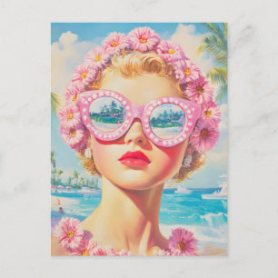 Cartão Postal Garota Retro da Praia com Óculos de Sol Florais