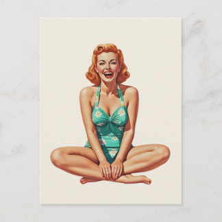 Cartão Postal Garota Retro PinUp dos Anos 50 em Maiô Floral