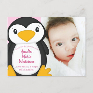 Cartão Postal Garota Rosa Chá de fraldas Pinguim