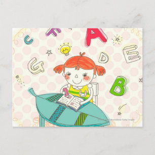 Cartão Postal Garota sentada na cadeira, estudando