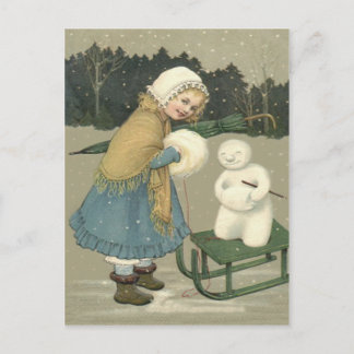 Cartão Postal Garota Snowman Sleigh Snow Woods