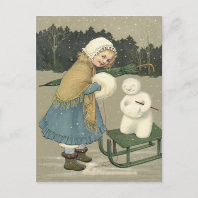 Cartão Postal Garota Snowman Sleigh Snow Woods (Frente)