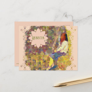 Cartão Postal Garota Sonhadora na Parede Geometria Colorida Abst