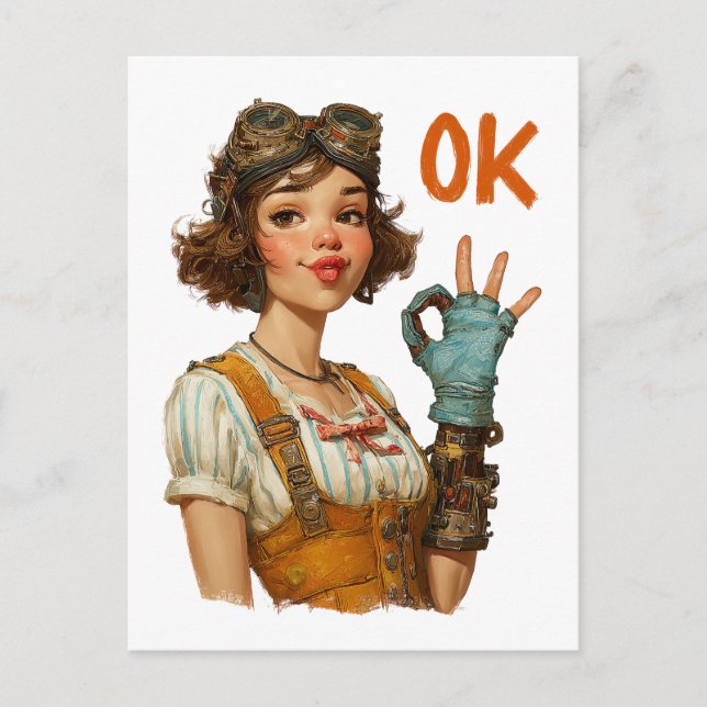 Cartão Postal Garota Steampunk Gesto OK Confiante (Frente)
