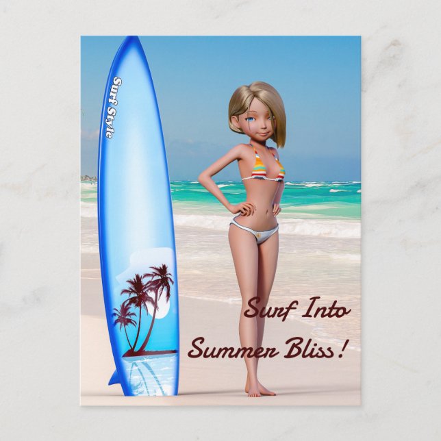 Cartão Postal Garota surfista de tona que se posou no litoral (Frente)