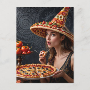 Cartão Postal Garota surreal esquisita com chapéu de pizza