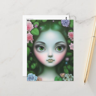 Cartão Postal Garota Verde Folhas e Flores
