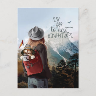Cartão Postal Garota viagem com um gato na mochila