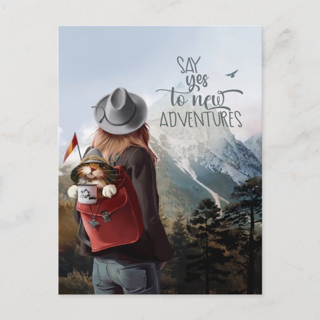 Cartão Postal Garota viagem com um gato na mochila (Frente)