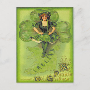 Cartão Postal Garota Vintage Trevo Irlanda Dia de São Patrício C