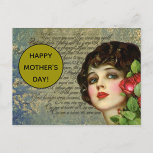 Cartão Postal Garota Vitoriana Glamor com Rosa vermelha