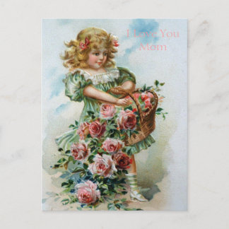 Cartão Postal Garota Vitoriana Rosa Inglês Ama Jardins Mãe