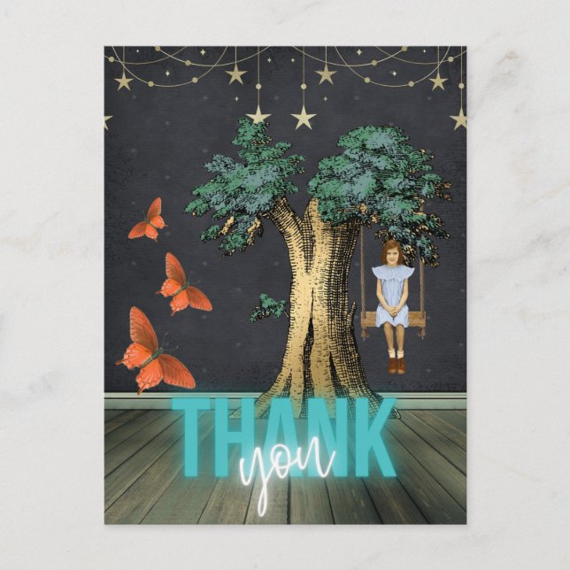 Cartão Postal Garota Whimsical Em Swing Surreal Obrigado (Frente)