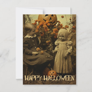 Cartão Postal Garotas assustadoras de Halloween retrô com abóbor