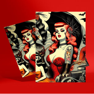 Cartão Postal Garotas Góticas Fofas e Retro com Tatuagens