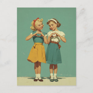 Cartão Postal Garotas Retrô Compartilhando Alegria Sincera
