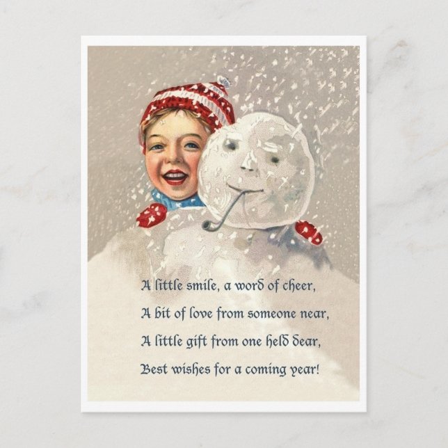 Cartão Postal Garotinho escondido atrás do boneco de neve, feria (Frente)