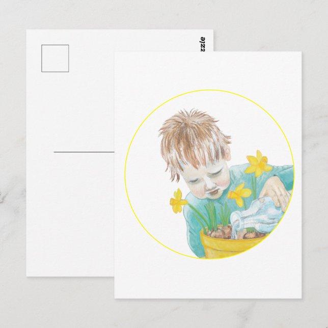 Cartão Postal Garoto Com Daffodils (Frente/Verso)