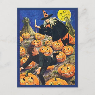 Cartão Postal Garoto Correndo de Bruxa - Vintage Halloween