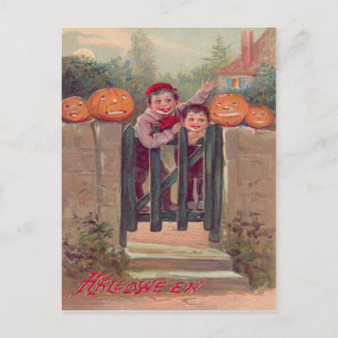 Cartão Postal Garotos Jack O Lantern Pumpkin Fence