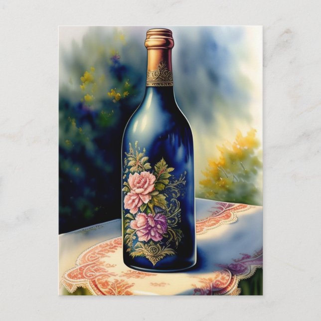 Cartão Postal Garrafa Floral de Vinho Ainda Vida Arte Digital (Frente)