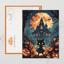 Cartão Postal Gata de Halloween na Casa Assombrada