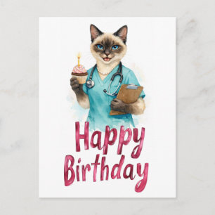 Cartão Postal Gata enfermeira com bolo e texto Feliz Aniversário