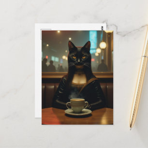 Cartão Postal Gata Mona Lisa em uma cafeteria
