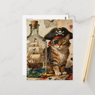Cartão Postal Gata Pirata Com um Navio numa Garrafa
