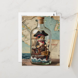 Cartão Postal Gata Pirata em um Navio numa Garrafa
