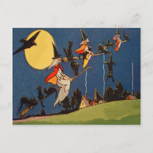 Cartão Postal Gata Preta Bruxa Voadora Corvo Lua