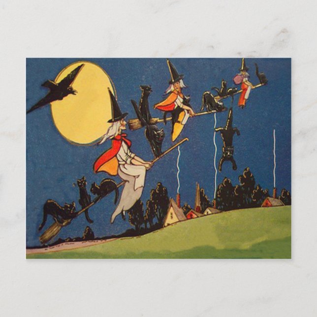 Cartão Postal Gata Preta Bruxa Voadora Corvo Lua (Frente)