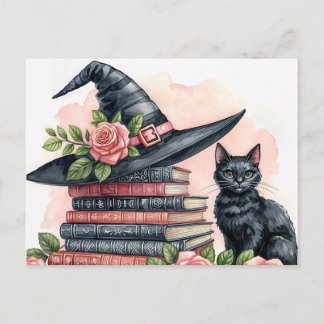 Cartão Postal Gata Preta com Chapéu de Bruxa e Livros