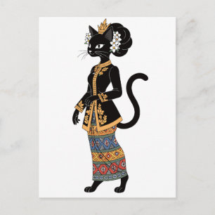 Cartão Postal Gata Preta na Arte Tradicional de Kebaya em Batik