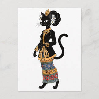 Cartão Postal Gata Preta na Arte Tradicional de Kebaya em Batik
