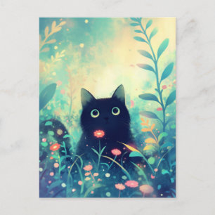 Cartão Postal Gata Preta no Jardim Mágico de Flores Silvestres T