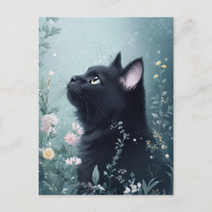 Cartão Postal Gata Preta Olhando para Cima no Jardim Mágico de F