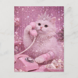 Cartão Postal Gatinha Princesa Glamurosa Usando Telefone Rosa