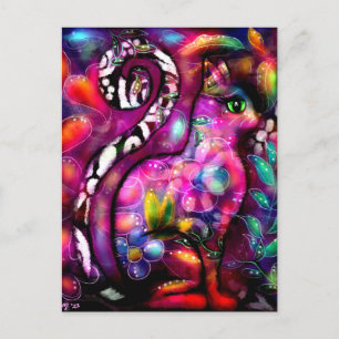 Cartão Postal Gatinho-Abstrato de-Whimsso Gato Vermelho Floral R