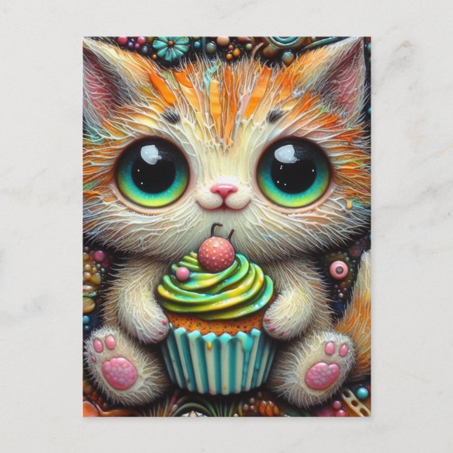 Cartão Postal Gatinho adaptável com um Cupcake (Frente)