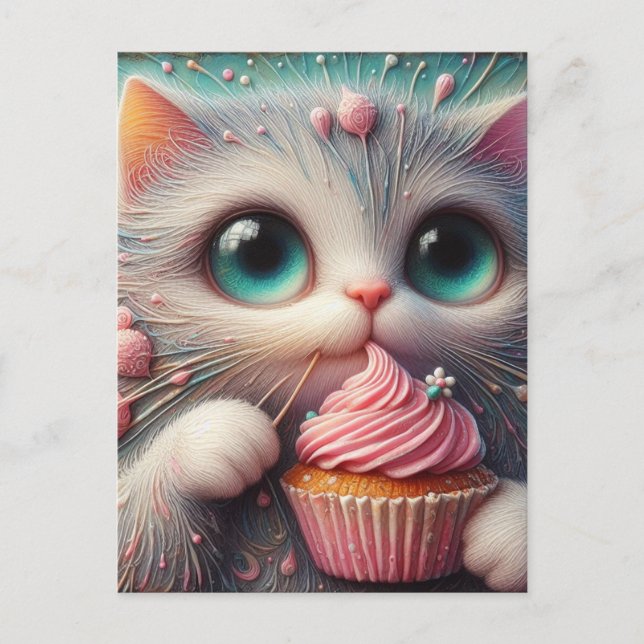 Cartão Postal Gatinho adaptável com um Cupcake rosa (Frente)